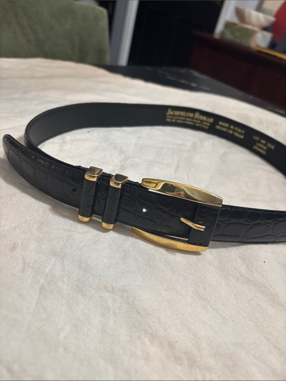 Jacqueline Ferrar Black Croc-Embossed Belt with Gold-Tone Buckle